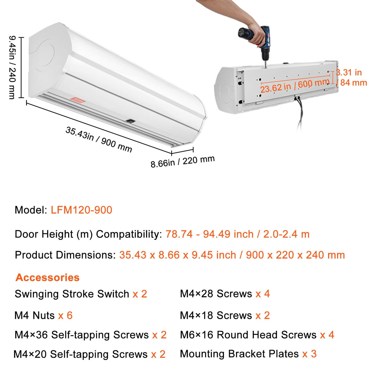 36" Wall Mounted Air Curtain 2 Speeds 900CFM H3105