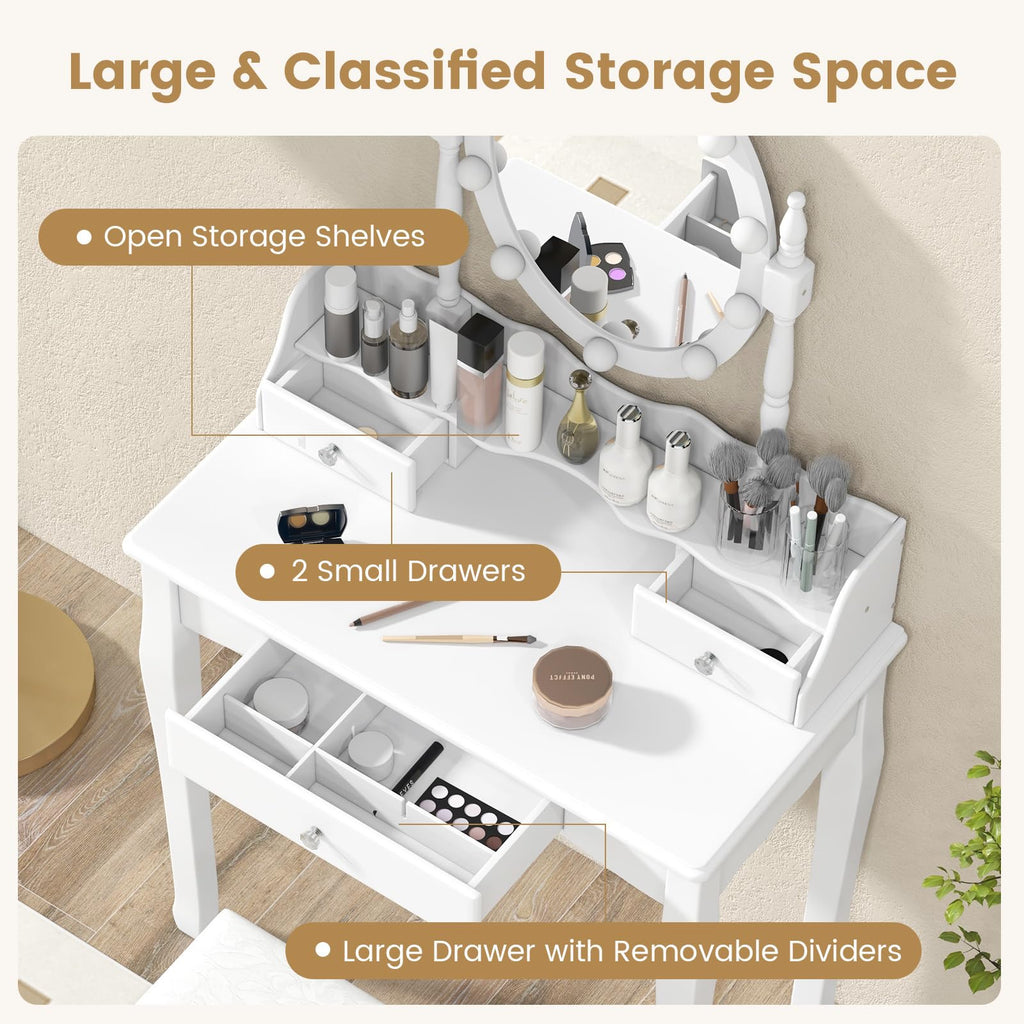 White Makeup Vanity Desk with Lighted Mirror and Stool O6534