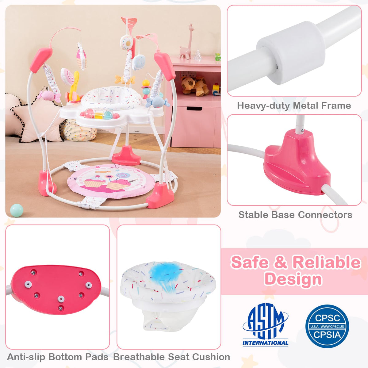 Pink Baby Bouncer Activity Center with Music Lights and Sounds C59243