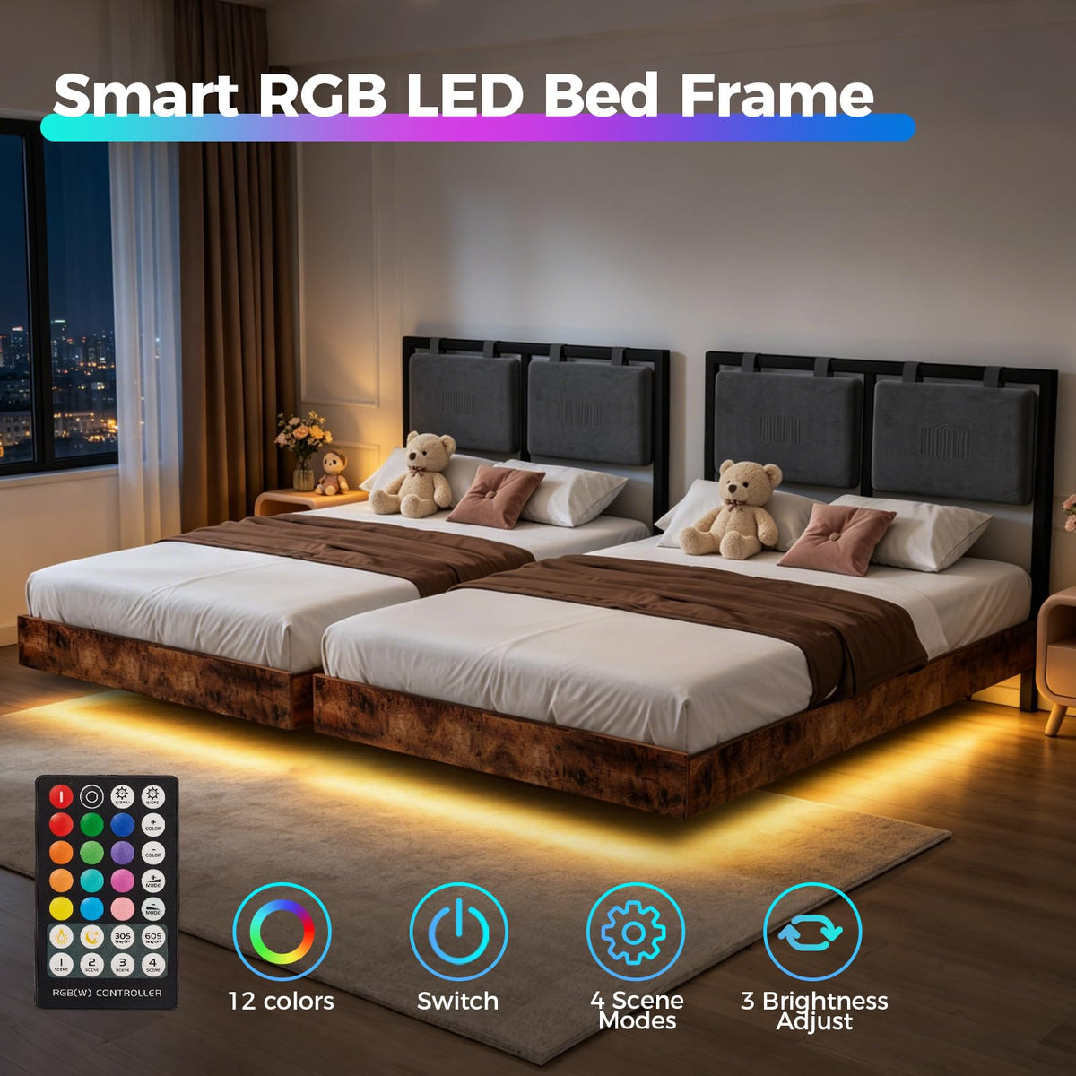 Full Size Floating Bed Frame with LED Lights and Adjustable Headboard A49647