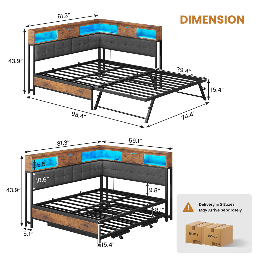 Black Corner Full Bed Frame with Trundle H76432