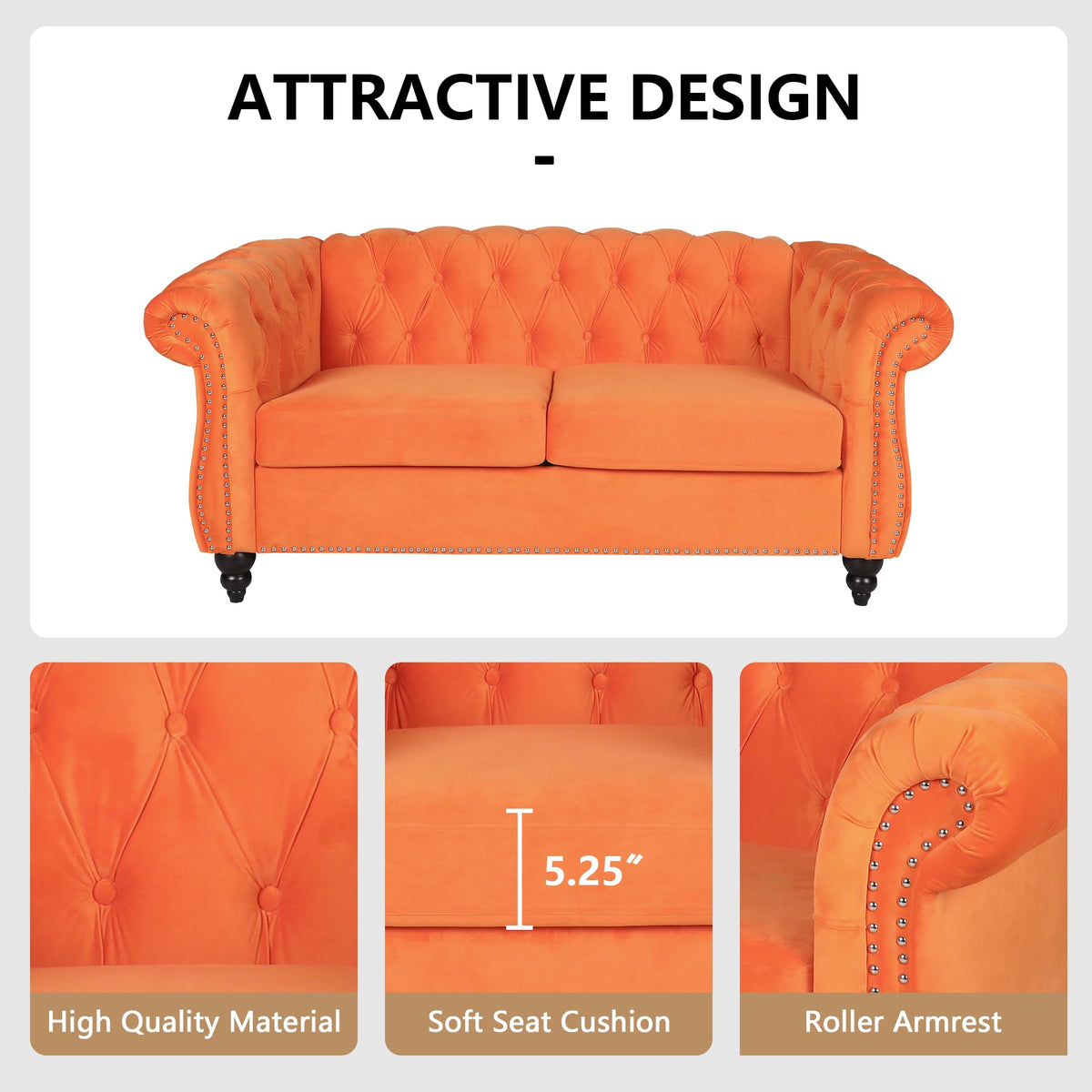 Orange Velvet Tufted Sofa Set U4015