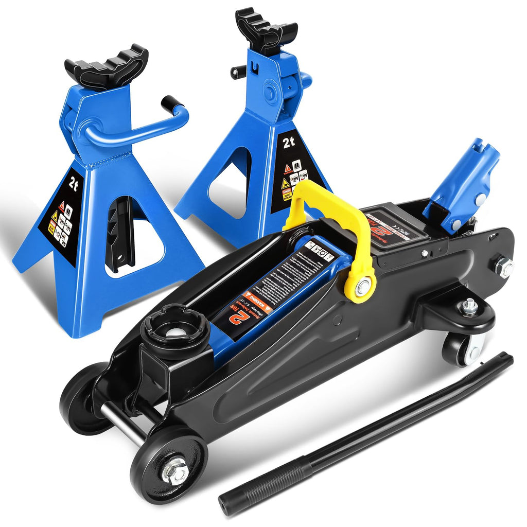 Low Profile Hydraulic Trolley Floor Jack with 2 Ratchet Jack Stands, 2 Ton Capacity, Blue S6627