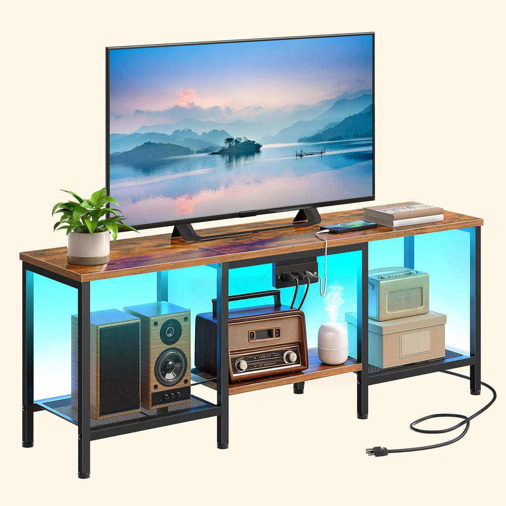 Rustic Brown and Black TV Stand with Charging Station P329592