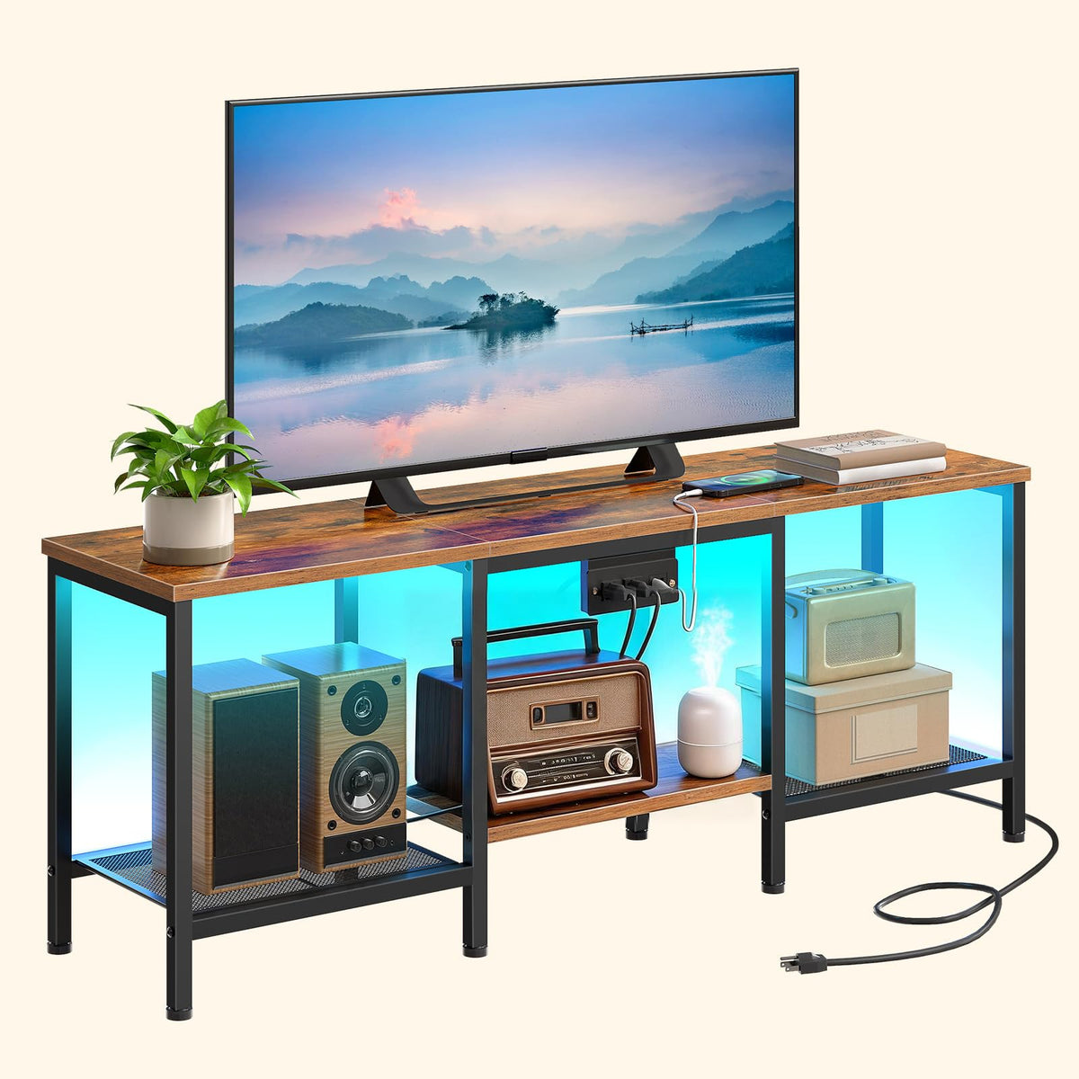 Rustic Brown and Black TV Stand with Charging Station P329592