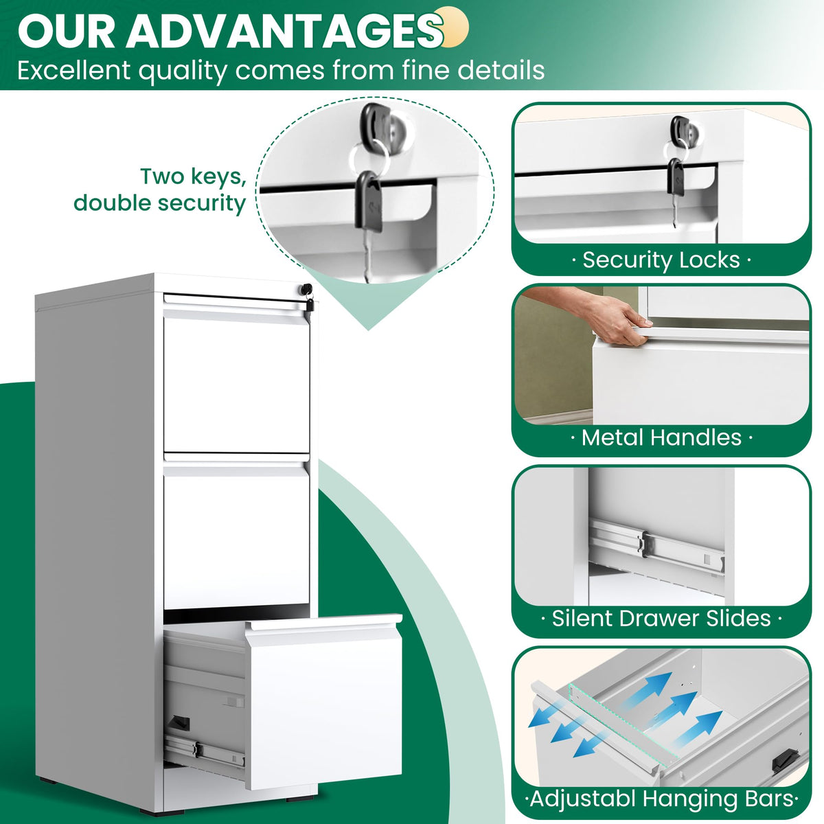 White 3 Drawer Metal File Cabinet with Lock Q77286