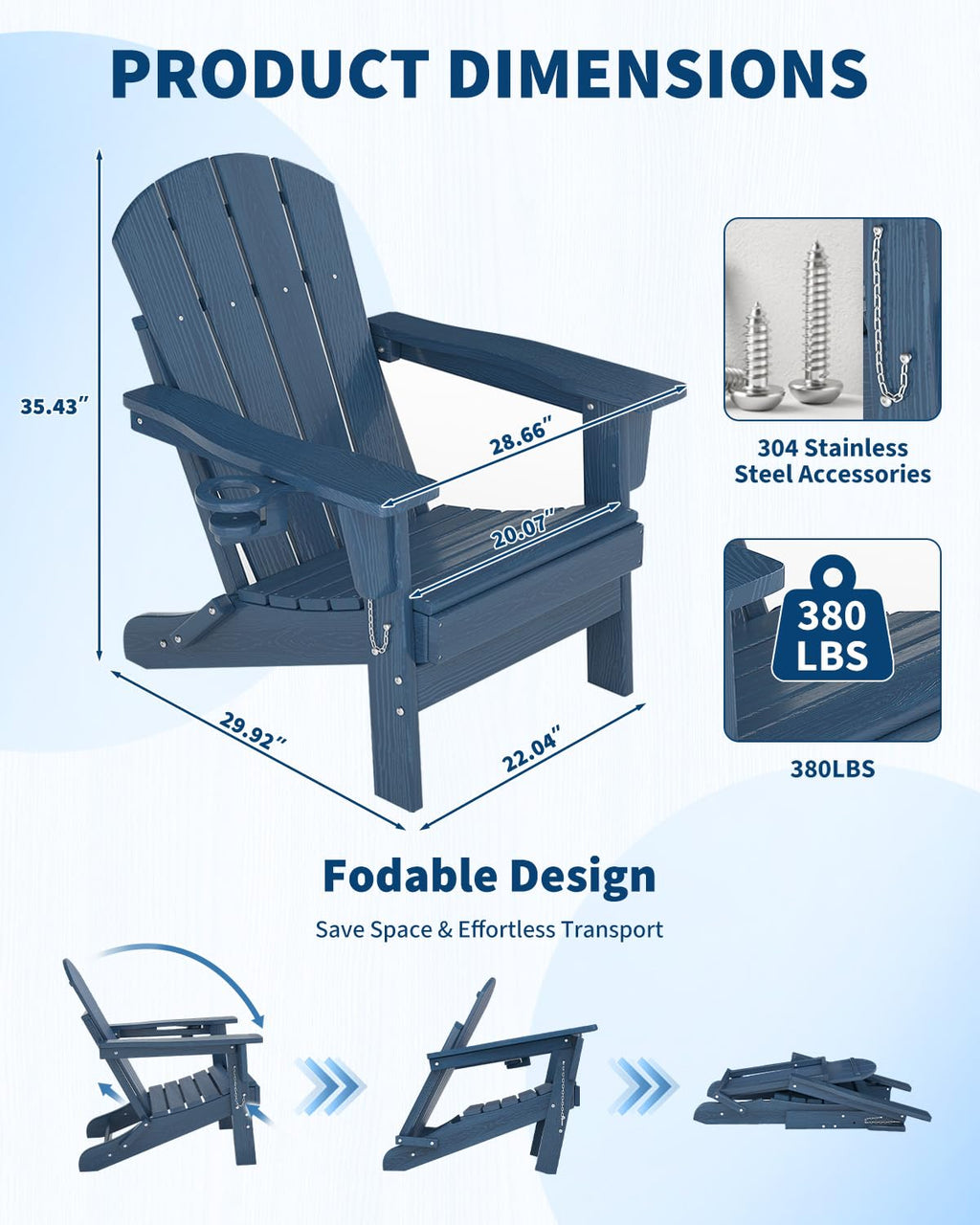HDPE Folding Adirondack Chair Set of 2 with Side Table, Navy Blue N16216