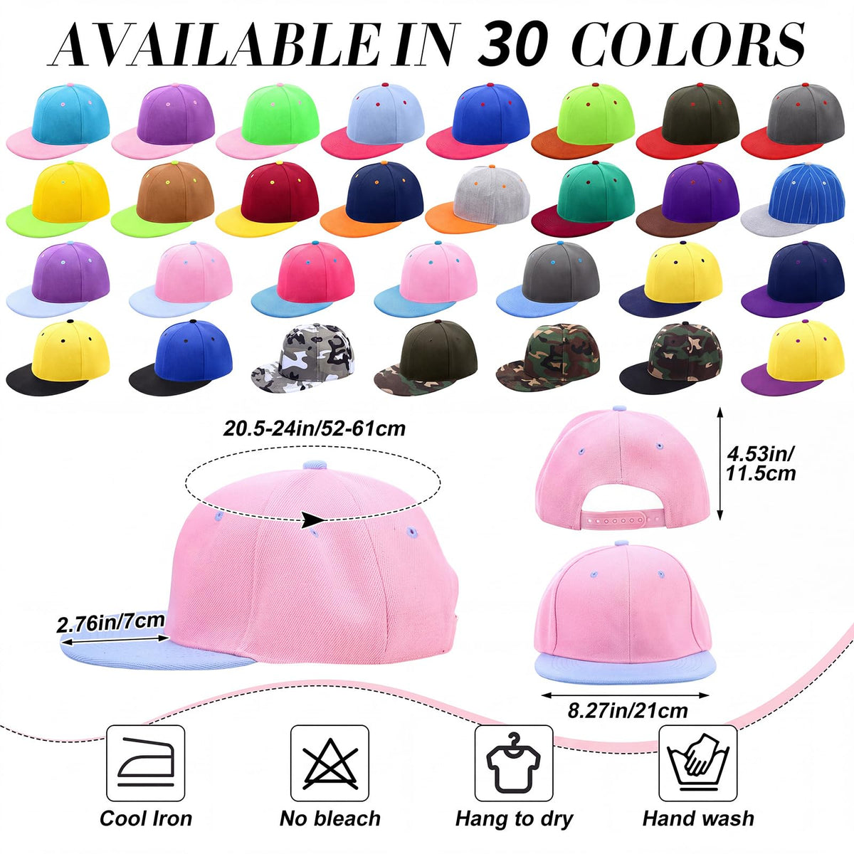 30 Pcs Flat Bill Snapback Hats Bulk Adjustable K8279