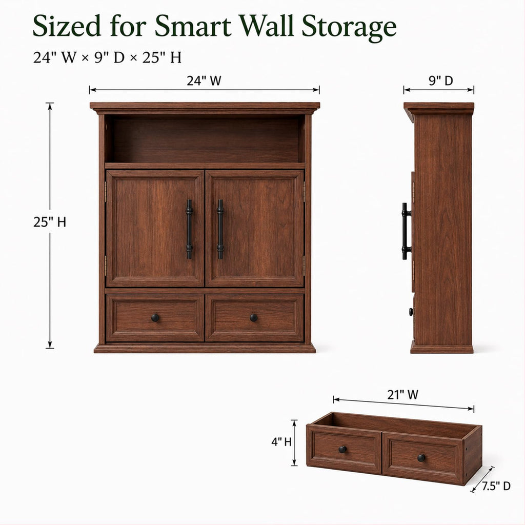 24" Wall Mounted Bathroom Storage Cabinet with Adjustable Shelf, Open Shelf, Double Doors and Drawer, Walnut V45325