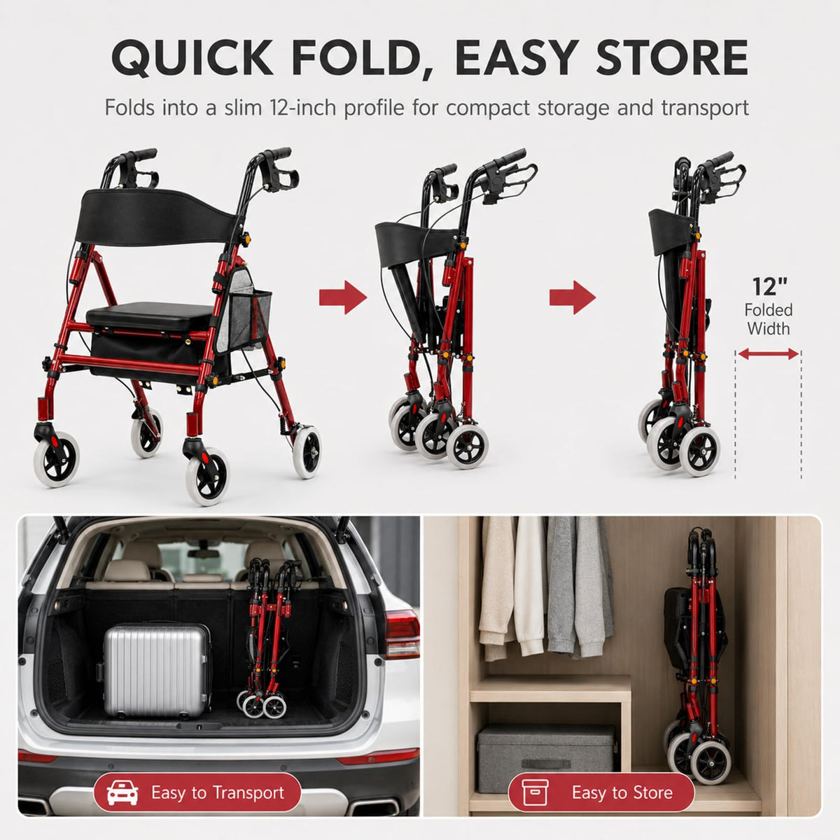 Foldable Rollator Walker with Seat, 300 Lb Capacity, Red D336