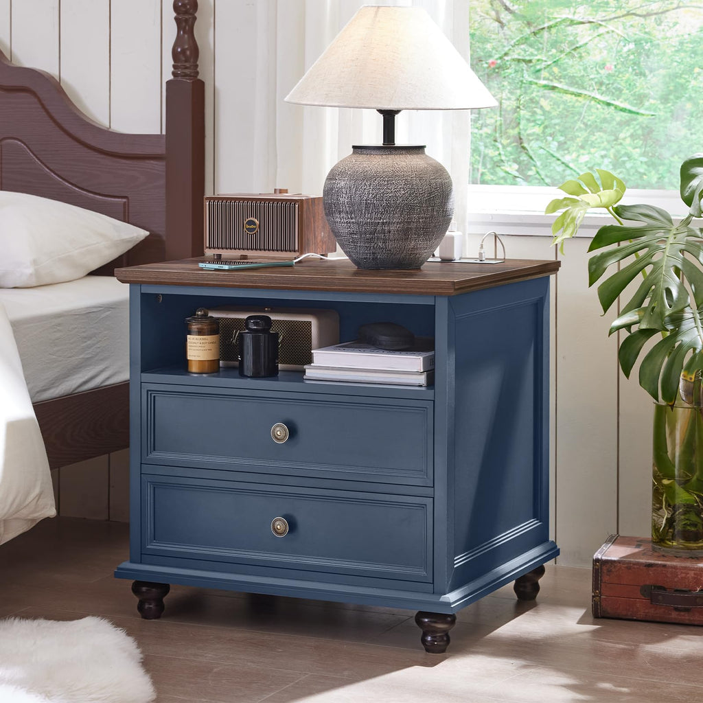 Blue 2 Drawer Nightstand Set of 2 with Charging Station Z567318