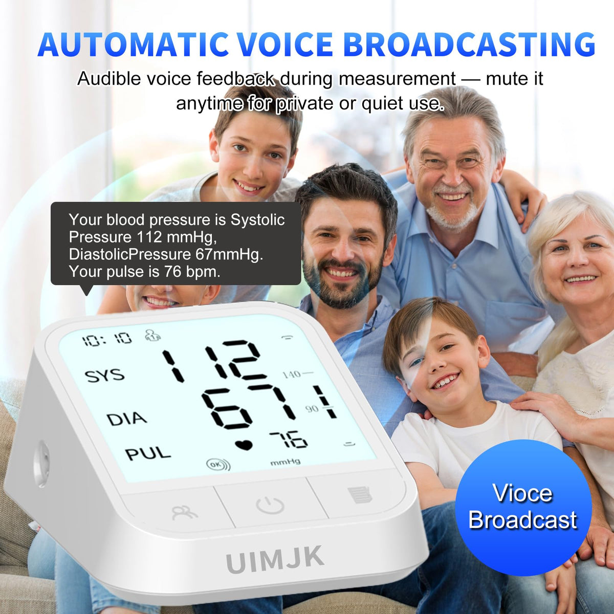 Upper Arm Blood Pressure Monitor, Automatic Digital with Voice Broadcast & Irregular Heartbeat Detection, Backlit LED Display, Adjustable Cuff 8.66-16.5'', 2x99 Memory & Guest Mode, AAA & Type-C I115977