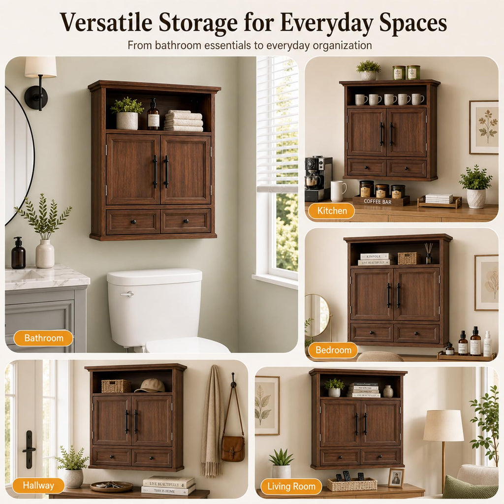 24" Wall Mounted Bathroom Storage Cabinet with Adjustable Shelf, Open Shelf, Double Doors and Drawer, Walnut V45325