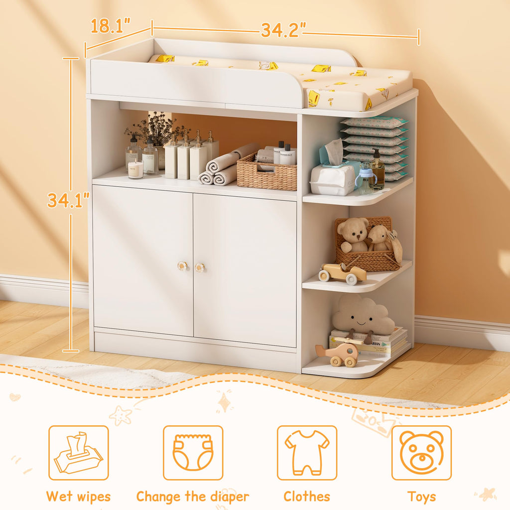 White Wood Changing Table Dresser with Cabinet R15263