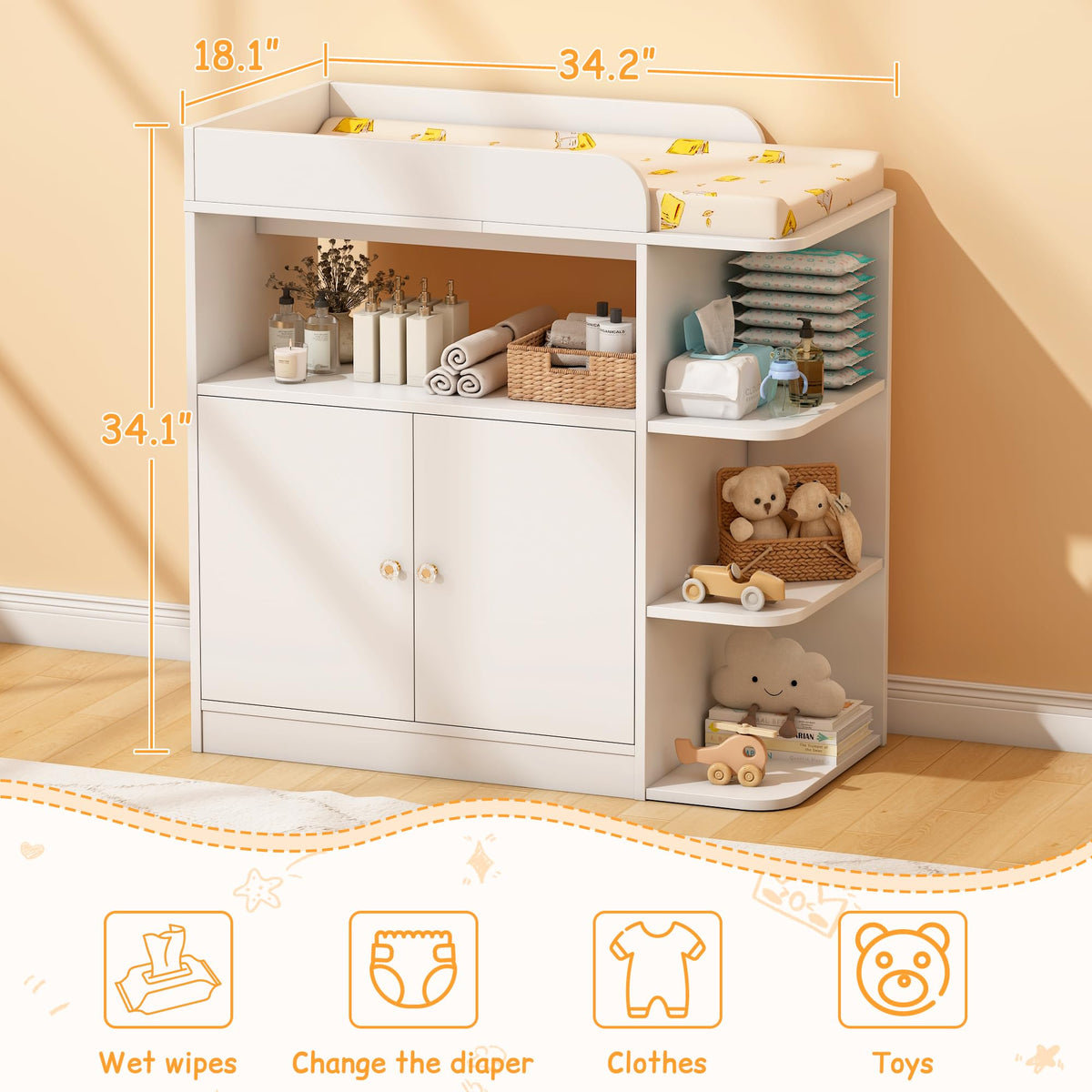 White Wood Changing Table Dresser with Cabinet R15263