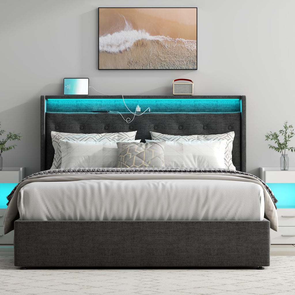 Queen Lift Up Storage Bed Frame with Charging Station & LED Lights Dark Grey I242214
