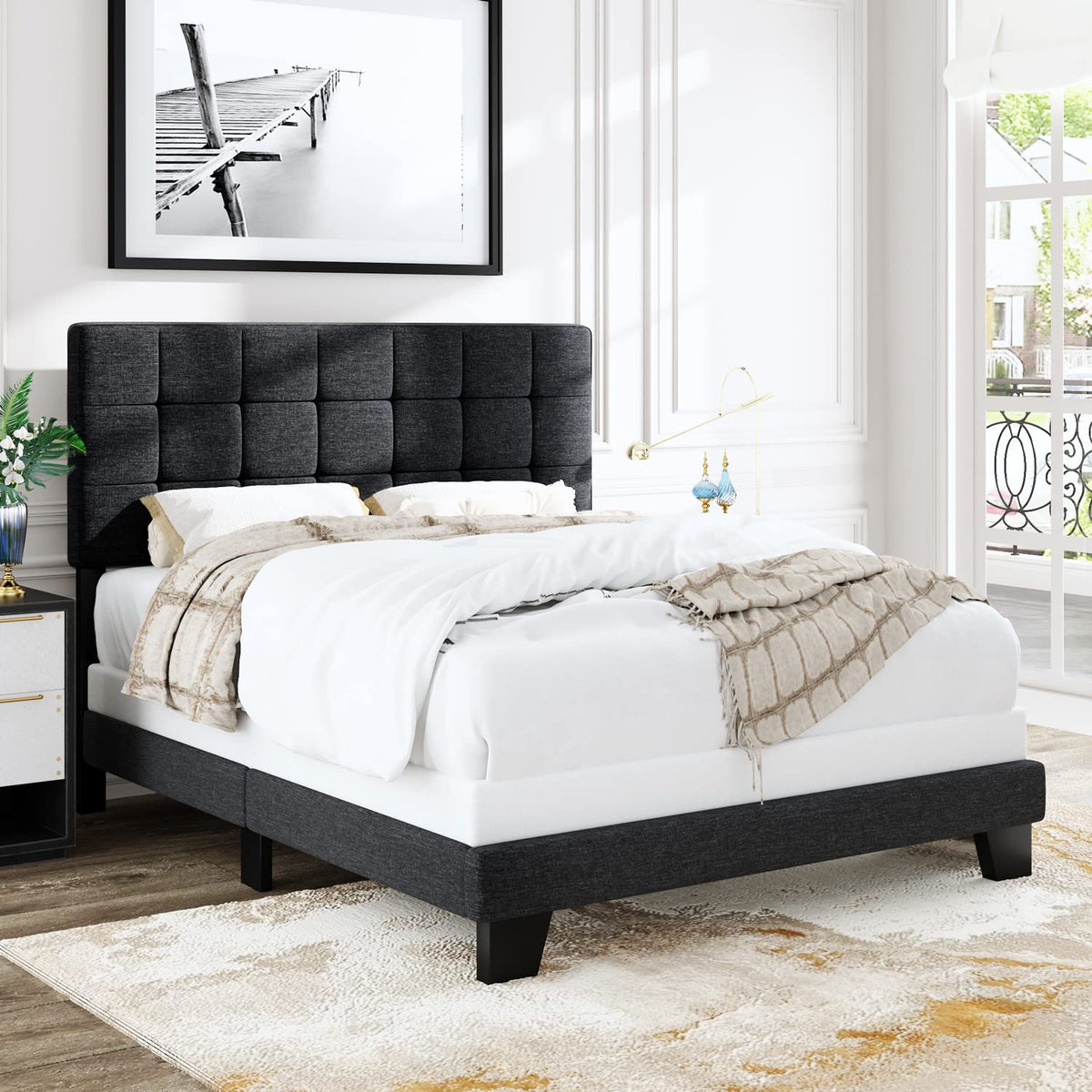 Queen Size Panel Bed Frame Dark Grey O881624