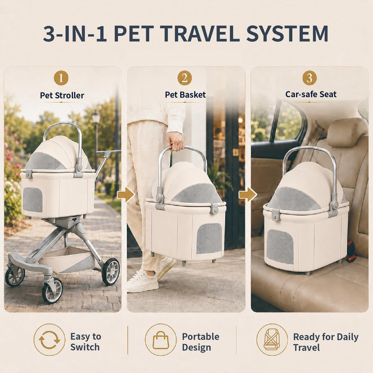 Khaki Dog Stroller with Detachable Carrier A269