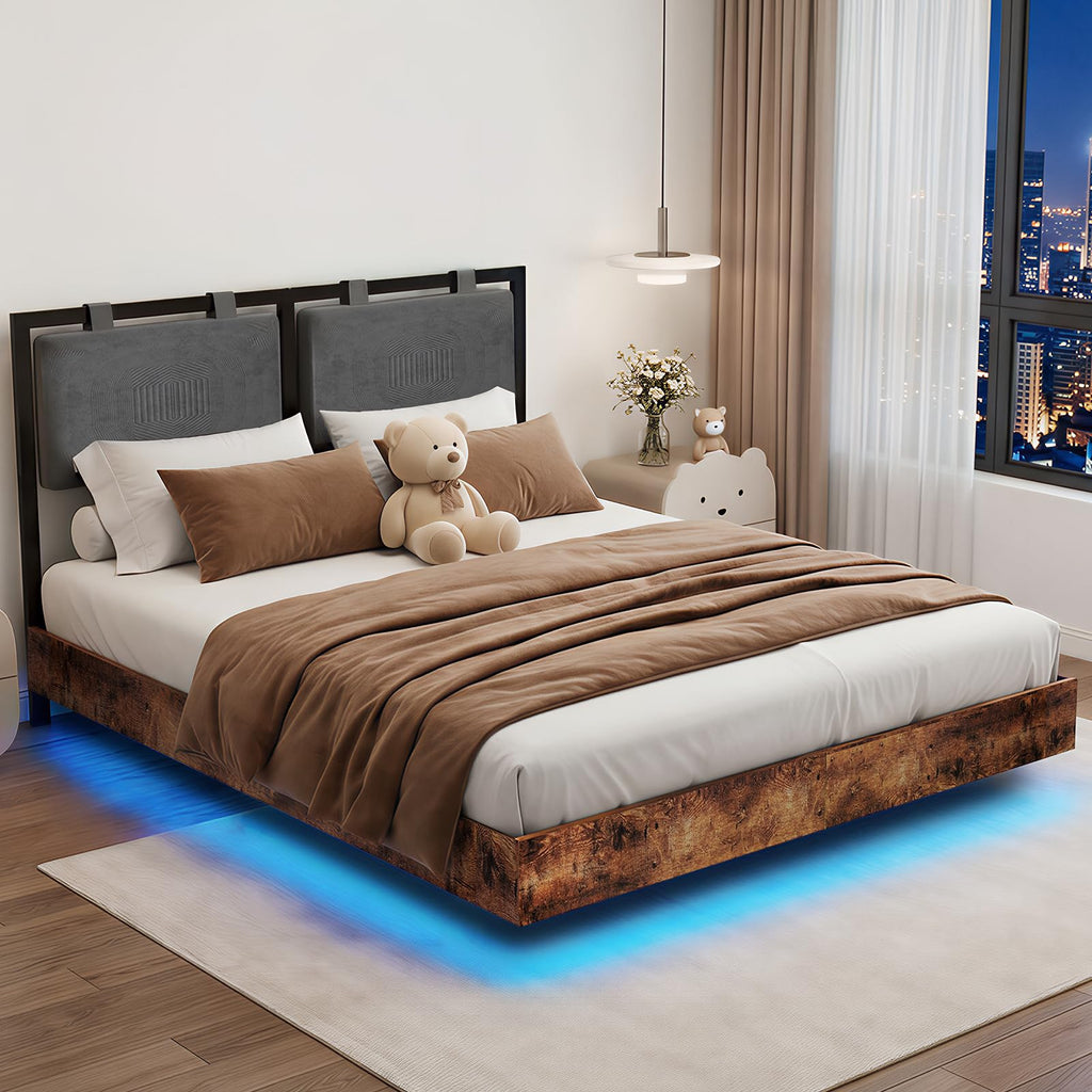 Full Size Floating Bed Frame with LED Lights and Adjustable Headboard A49647