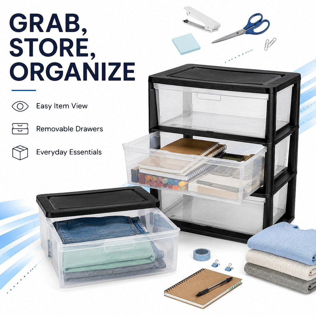 Black 3 Drawer Plastic Storage Tower T462372
