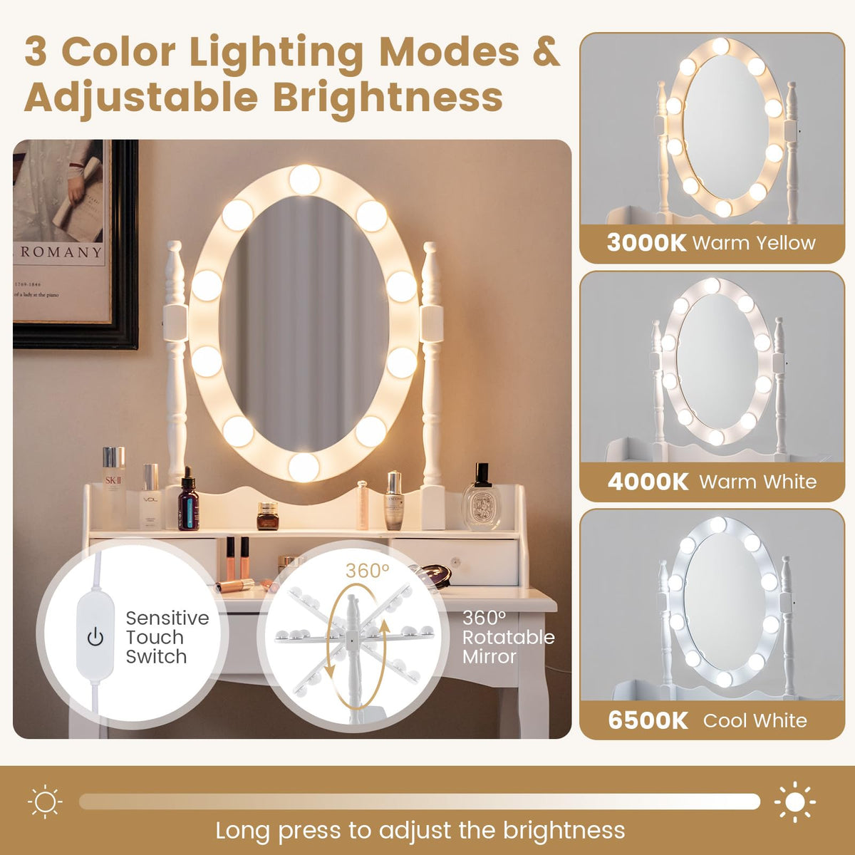 White Makeup Vanity Desk with Lighted Mirror and Stool O6534