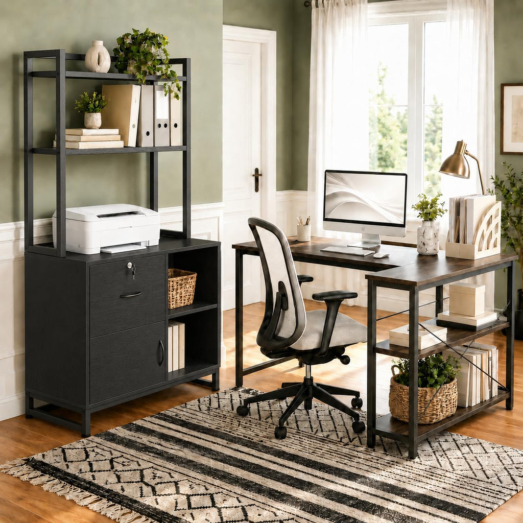 Black Vertical Filing Cabinet with Bookshelf J225