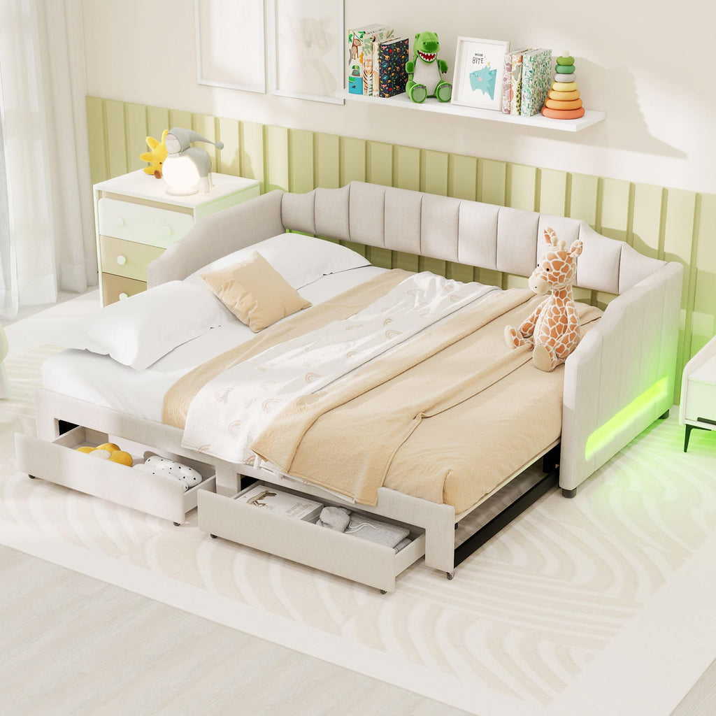 Twin XL to King Extendable Upholstered Daybed Frame with 2 Storage Drawers Y43329