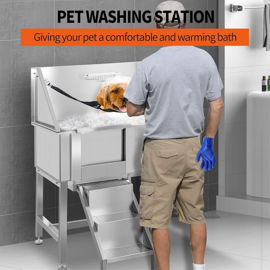 38" Stainless Steel Dog Grooming Tub with Anti-Slip Stairs T780083
