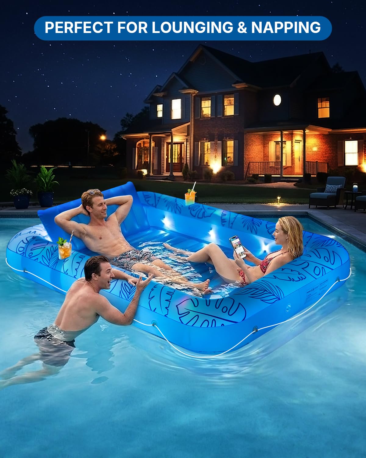 Inflatable Tanning Pool Float with Lights and Pillow O621562