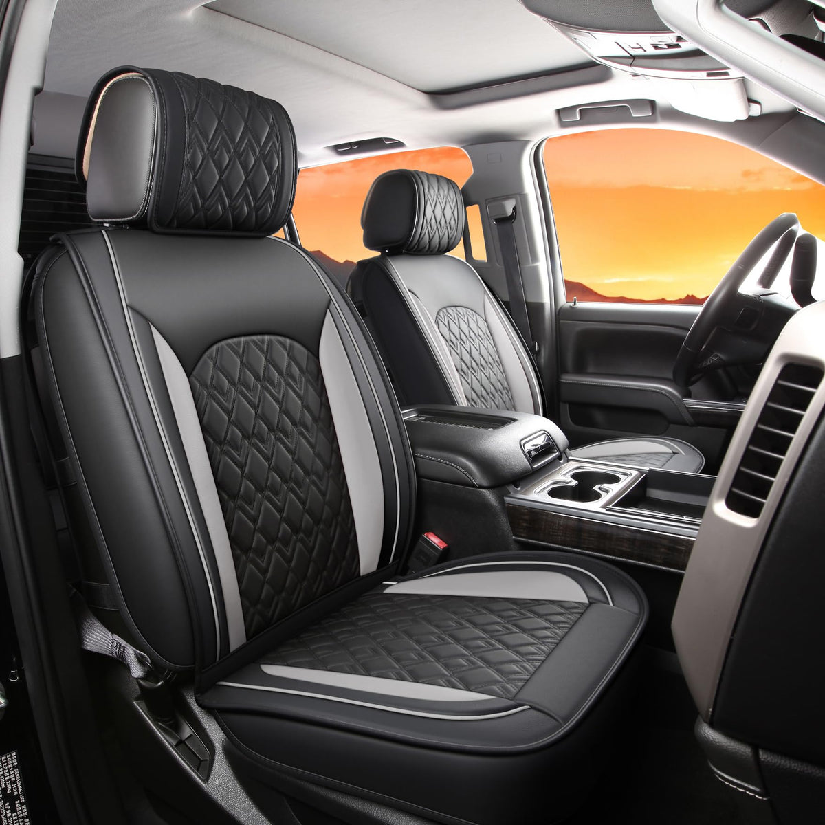 Leather Seat Covers for Chevy Silverado GMC Sierra, Custom Fit, Front Pair, Black Grey N4095
