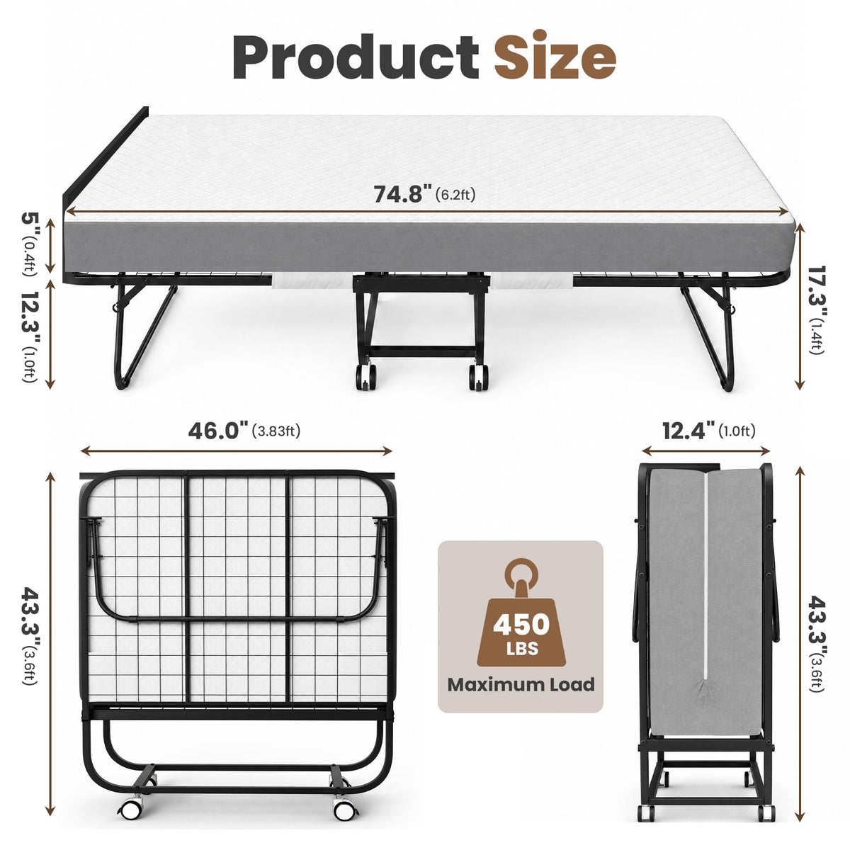 Folding Bed with Mattress Extra Wide Guest Bed H85720