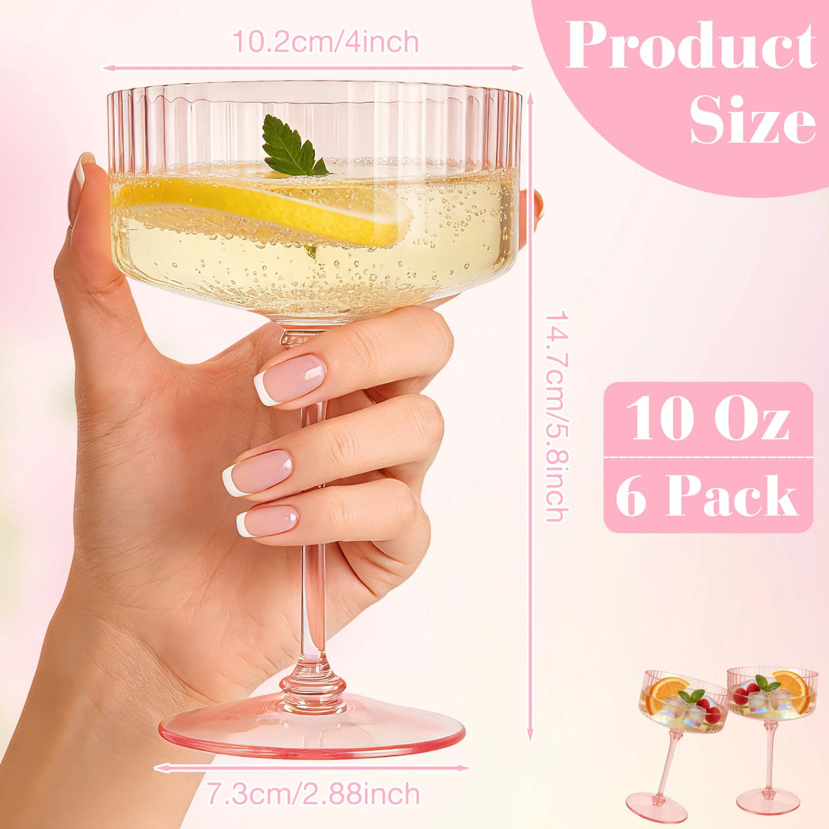 6 Pcs 10 Oz Pink Champagne Martini Glasses Set B106