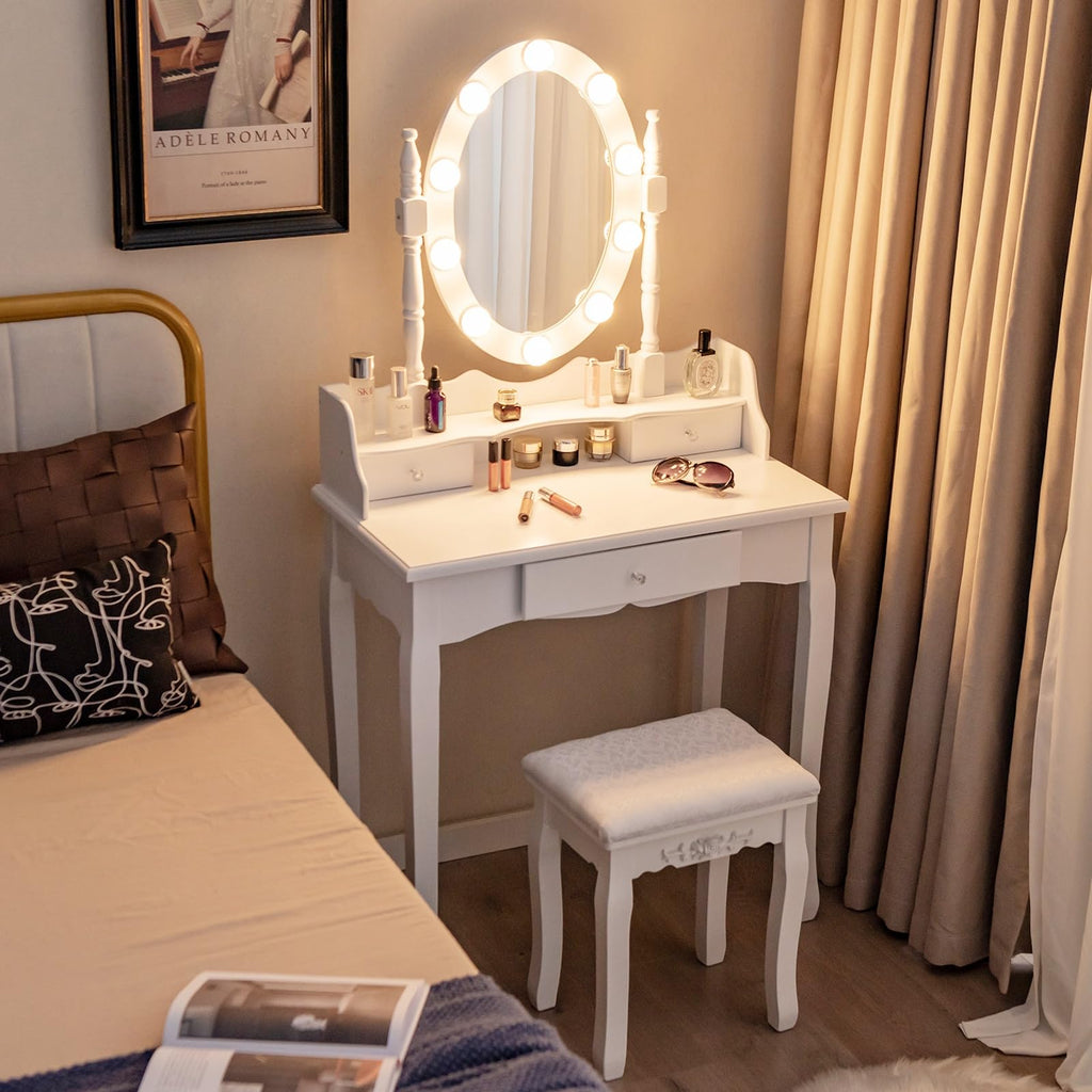 White Makeup Vanity Desk with Lighted Mirror and Stool O6534