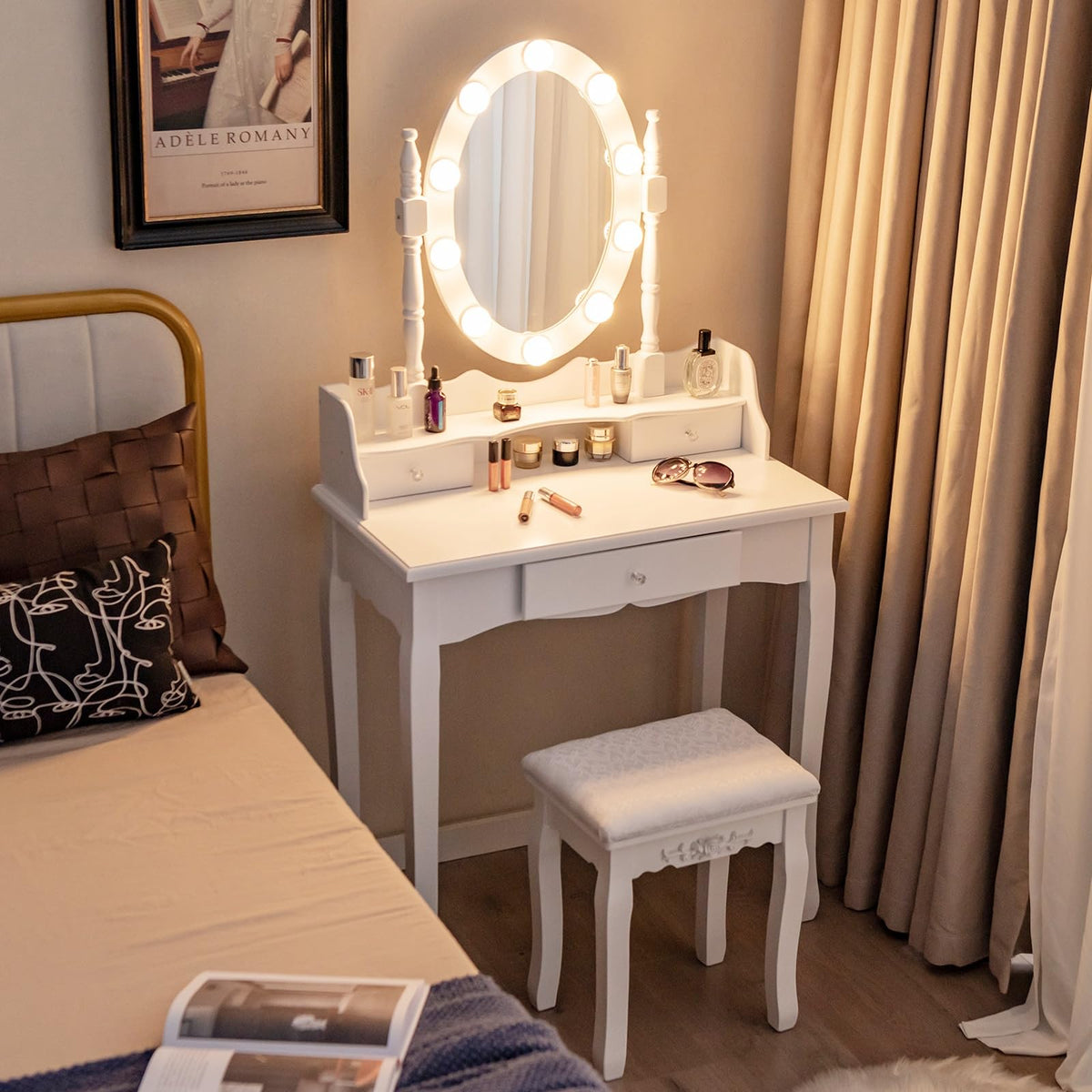 White Makeup Vanity Desk with Lighted Mirror and Stool O6534