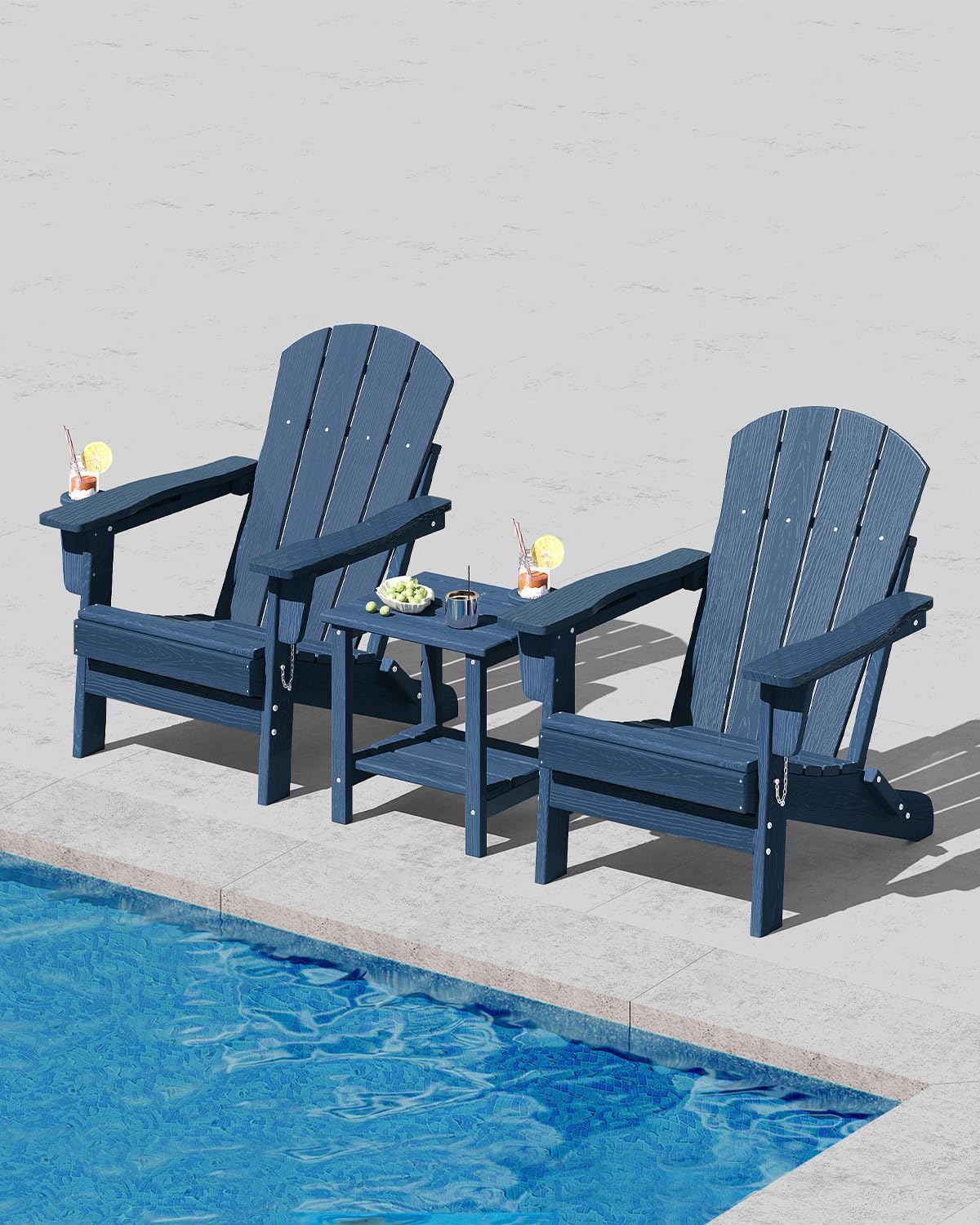 HDPE Folding Adirondack Chair Set of 2 with Side Table, Navy Blue N16216