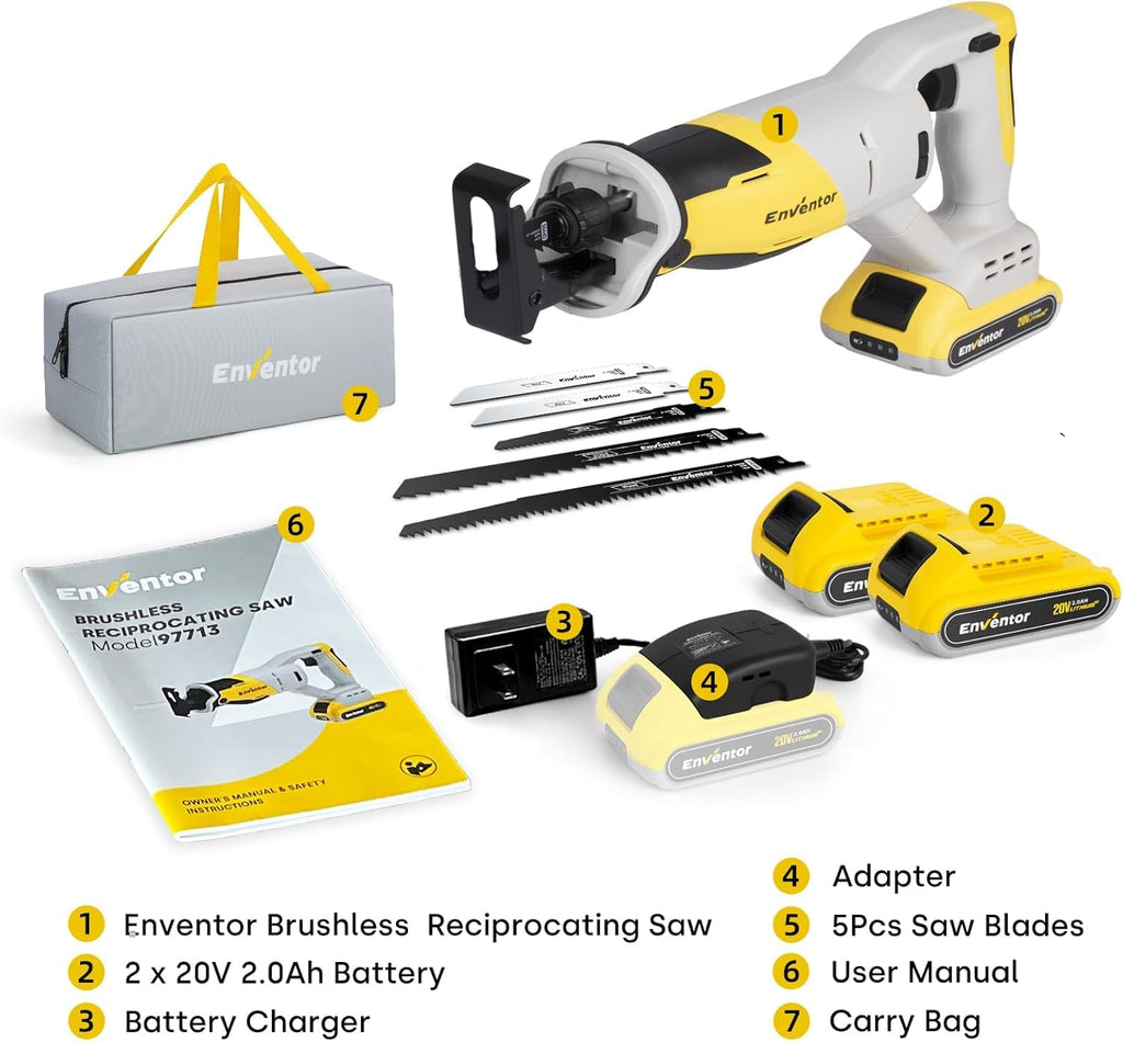 Reciprocating Saw with Brushless Motor, 20V, 2 x 2.0 Ah Batteries F9789