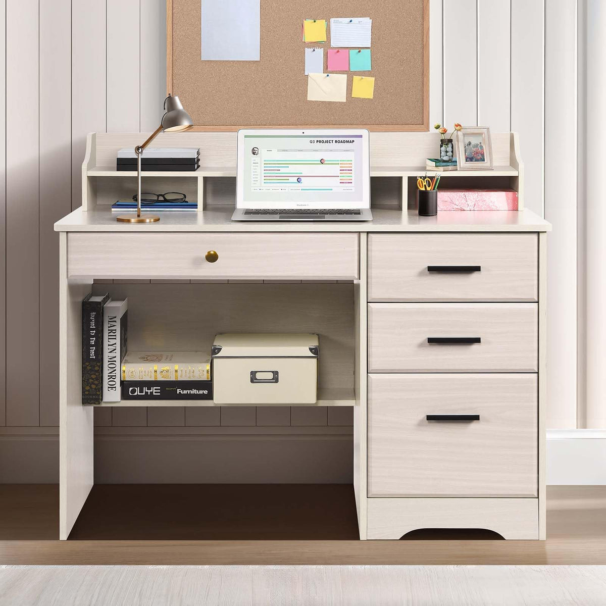Warm White Wood Computer Desk with Drawers and Hutch C7582