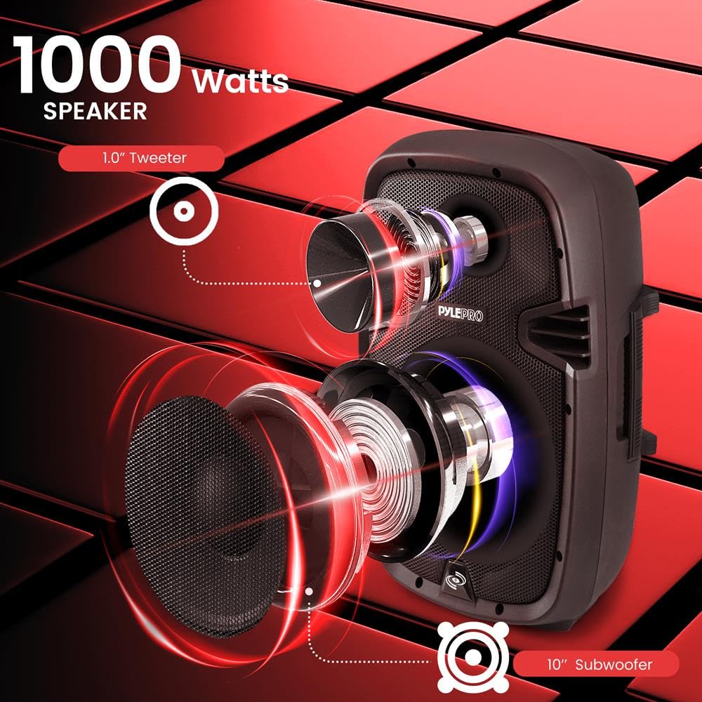 1000W Bluetooth PA System Speakers with 10 Inch Subwoofer and USB, Black Q86840