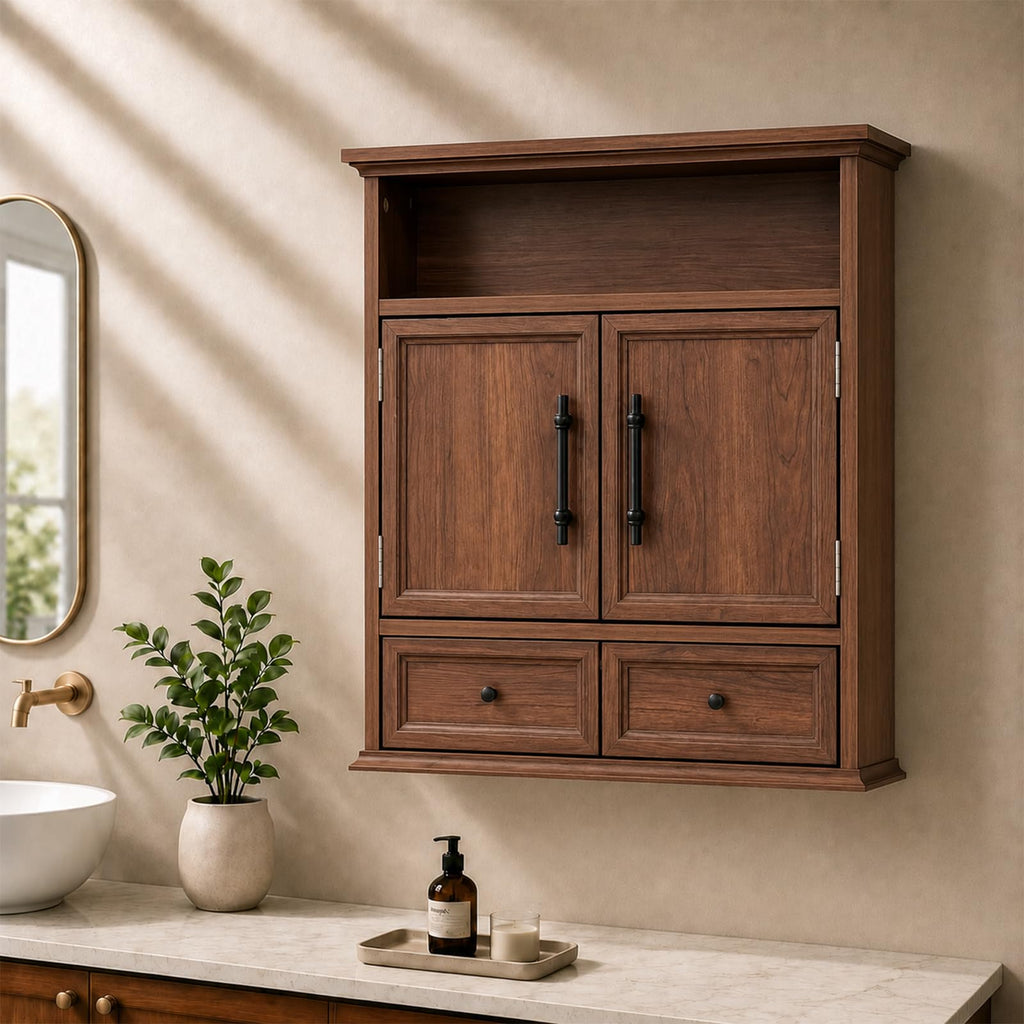 24" Wall Mounted Bathroom Storage Cabinet with Adjustable Shelf, Open Shelf, Double Doors and Drawer, Walnut V45325