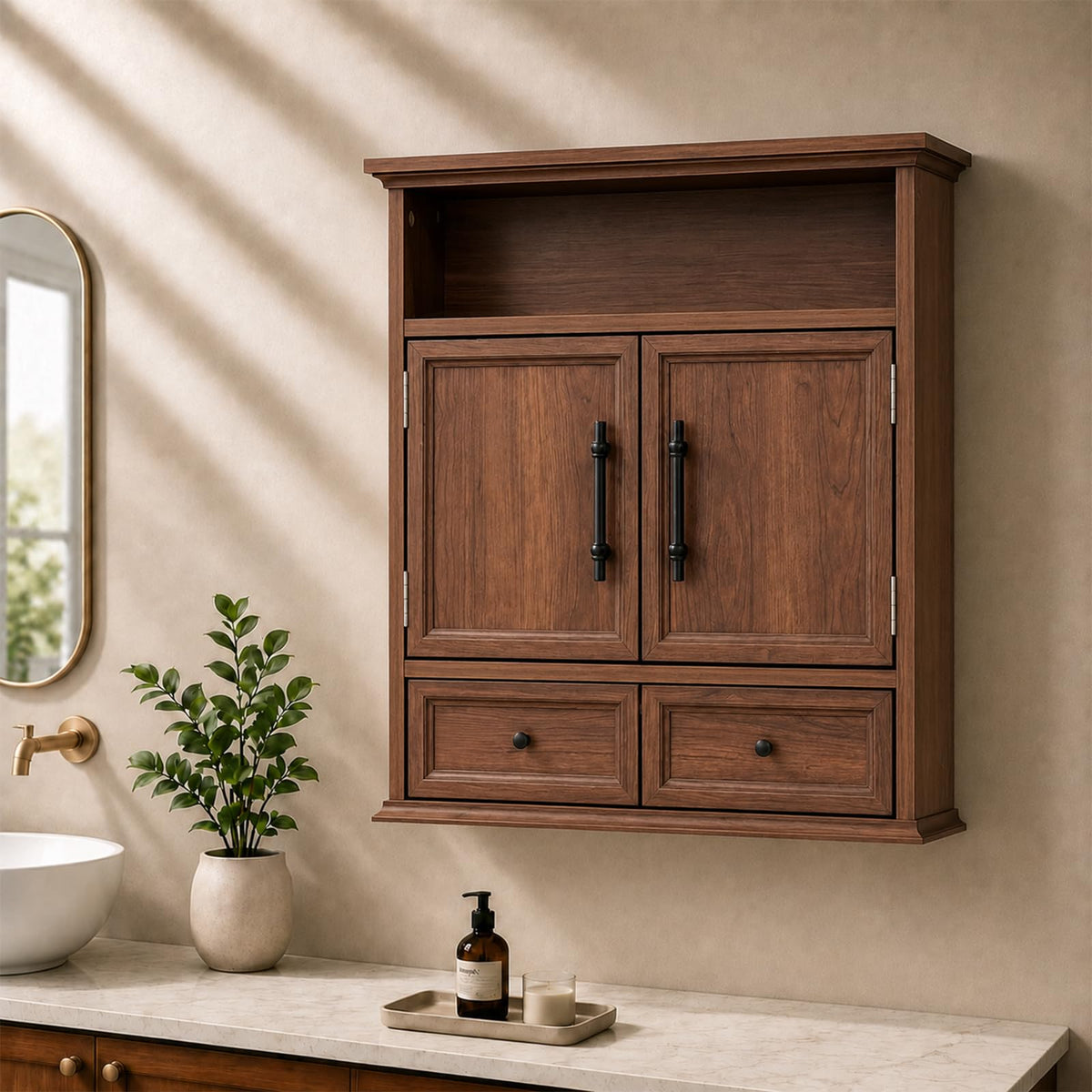 24" Wall Mounted Bathroom Storage Cabinet with Adjustable Shelf, Open Shelf, Double Doors and Drawer, Walnut V45325