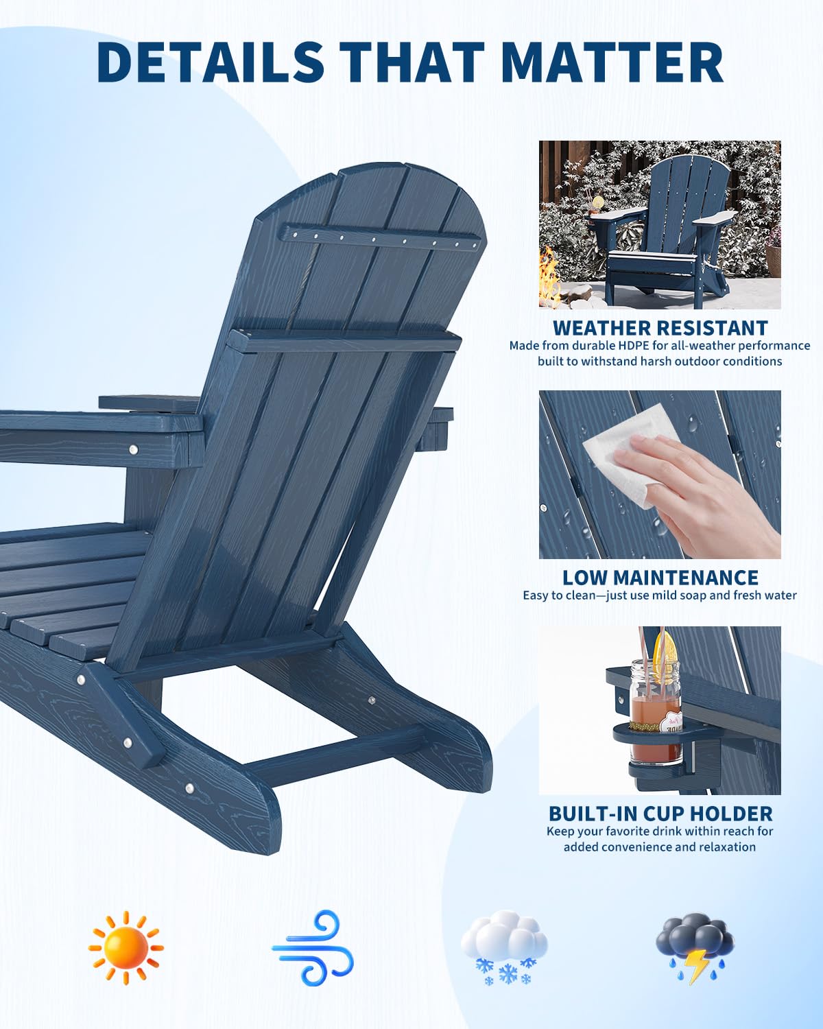 HDPE Folding Adirondack Chair Set of 2 with Side Table, Navy Blue N16216