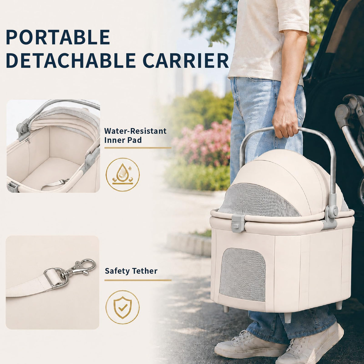 Khaki Dog Stroller with Detachable Carrier A269
