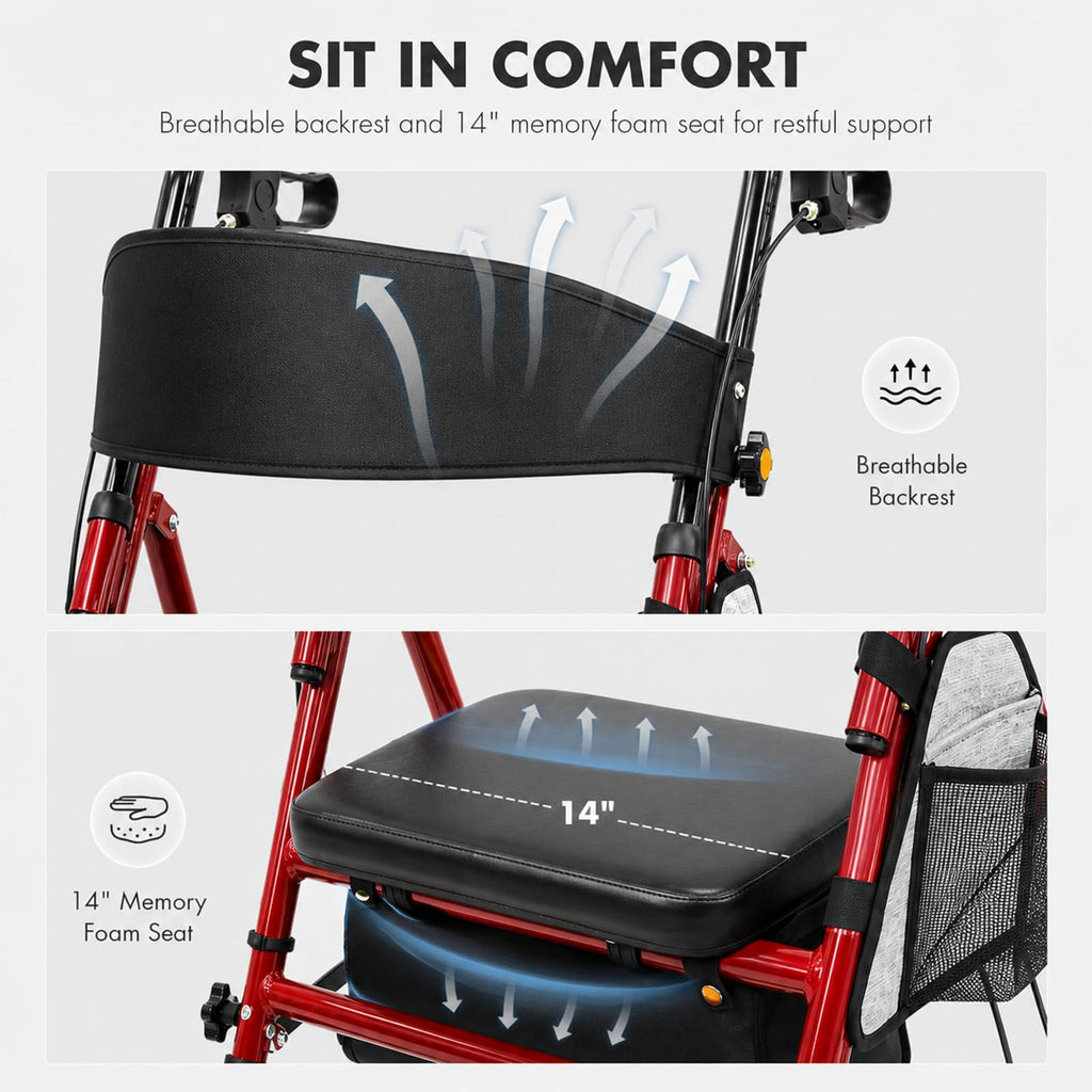 Foldable Rollator Walker with Seat, 300 Lb Capacity, Red D336