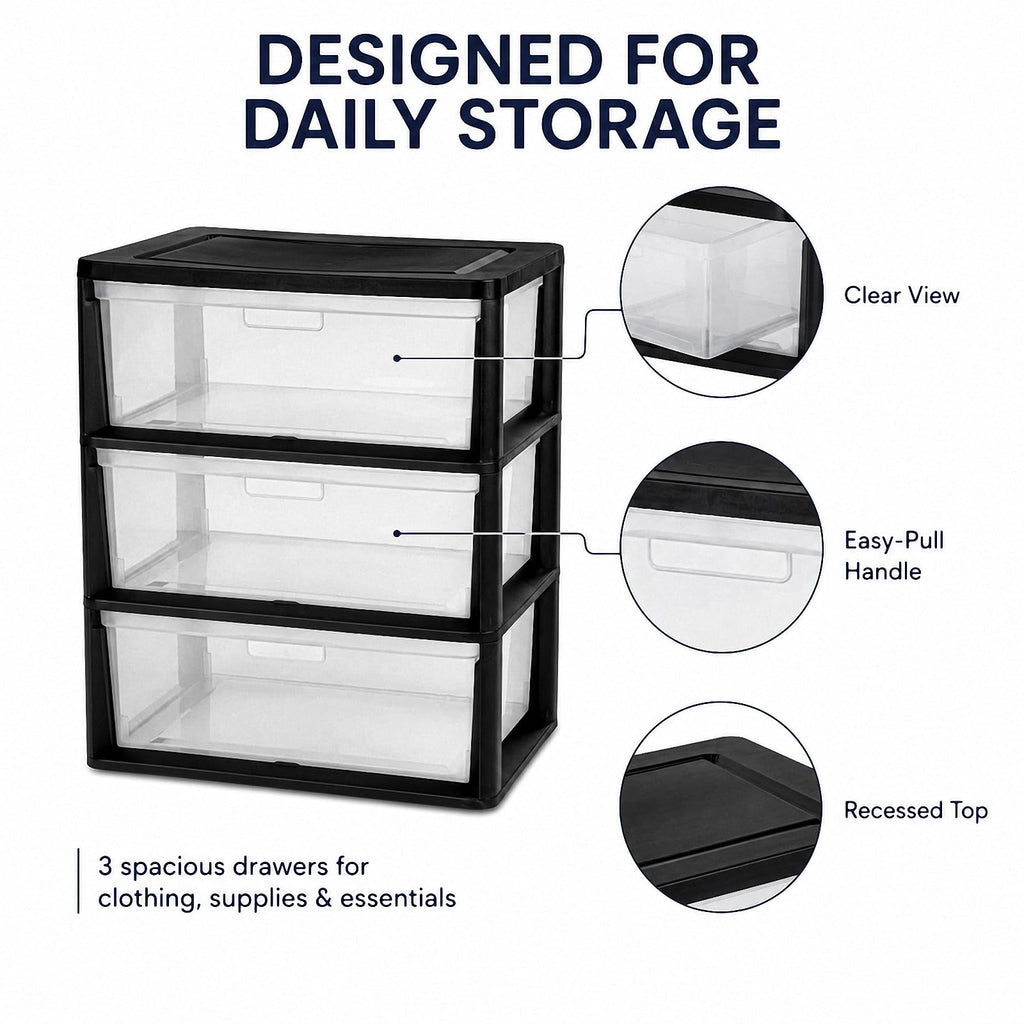 Black 3 Drawer Plastic Storage Tower T462372
