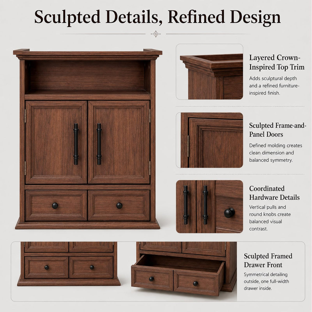 24" Wall Mounted Bathroom Storage Cabinet with Adjustable Shelf, Open Shelf, Double Doors and Drawer, Walnut V45325