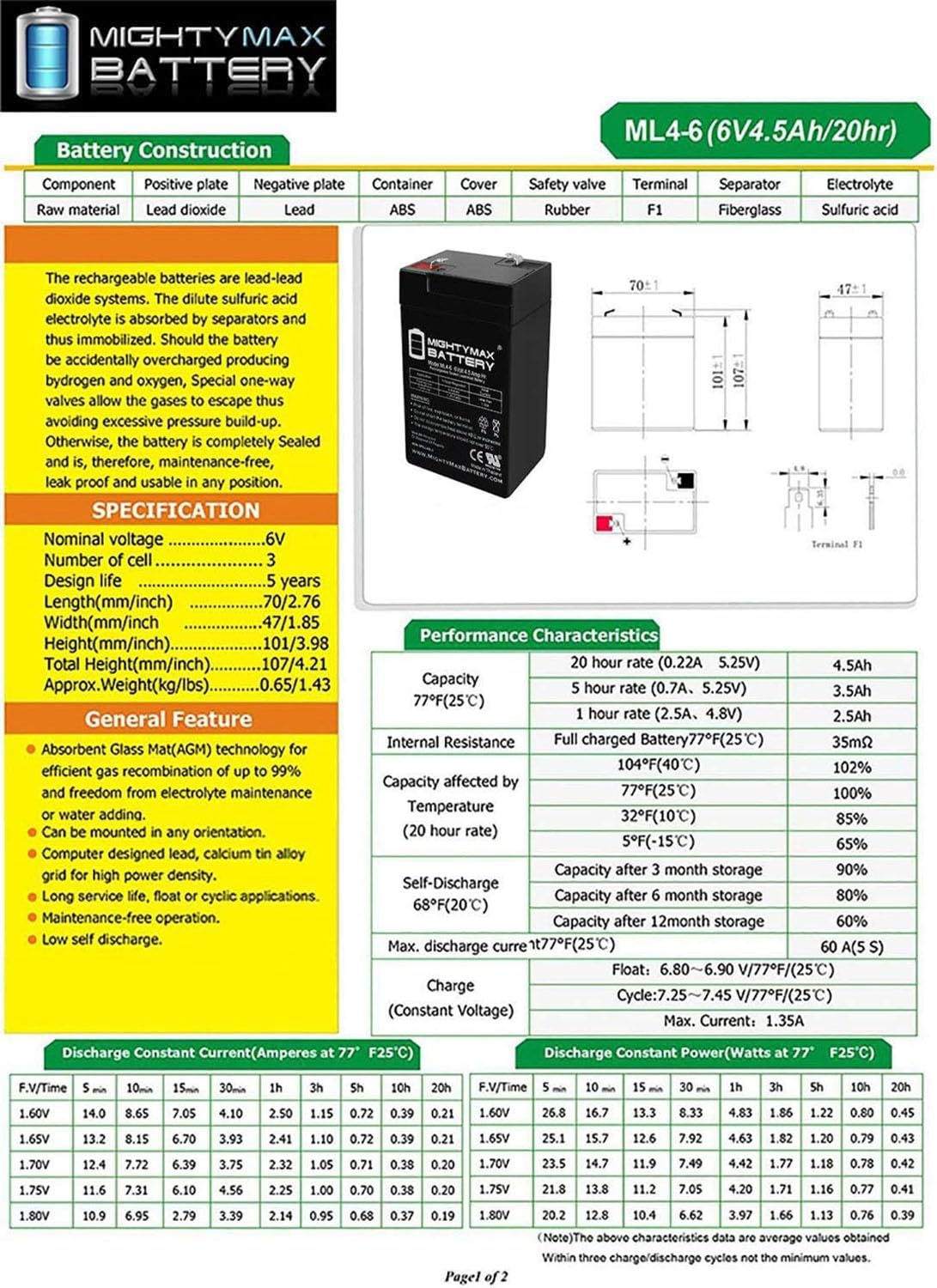 6V 4.5AH SLA Replacement Battery X542