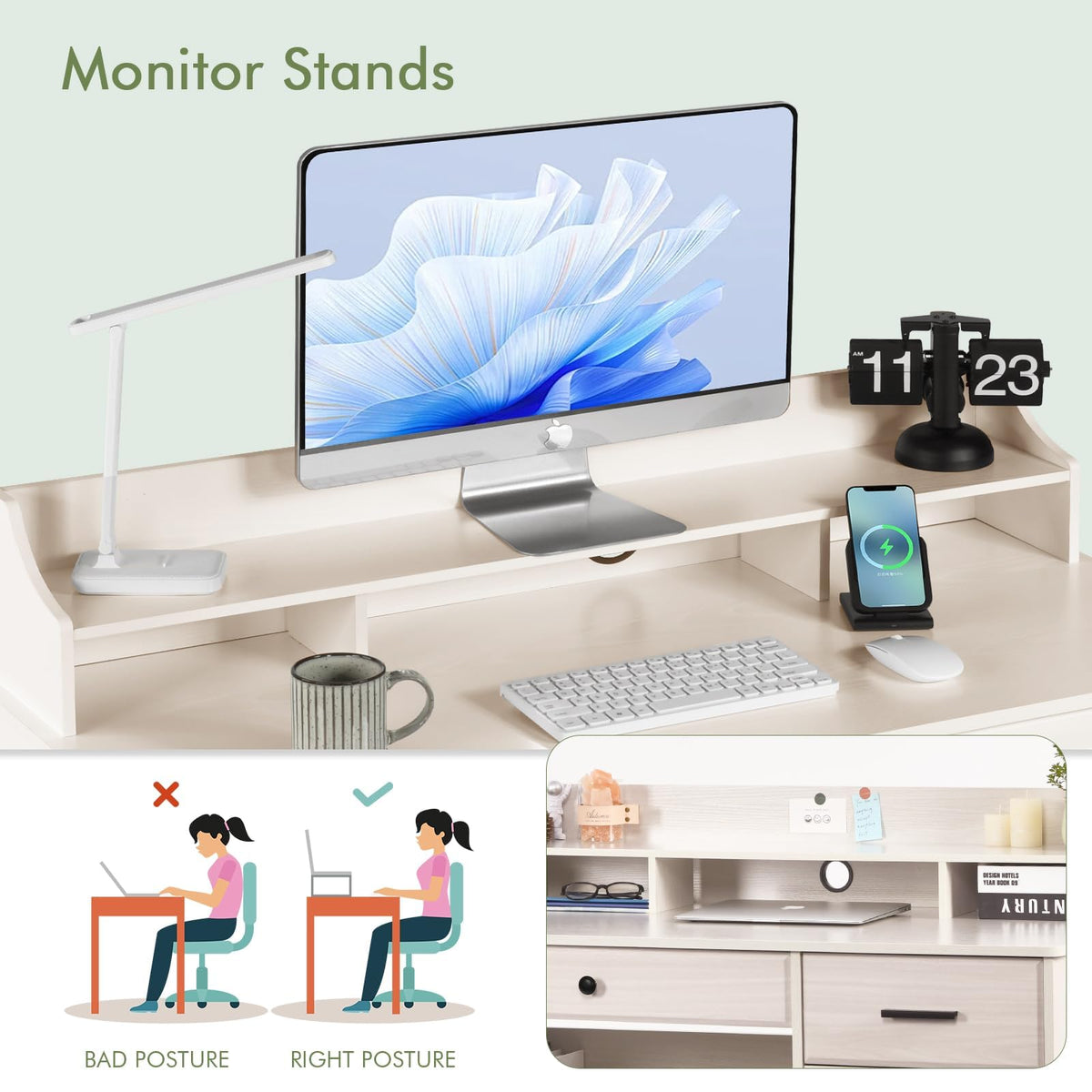 Warm White Wood Computer Desk with Drawers and Hutch C7582