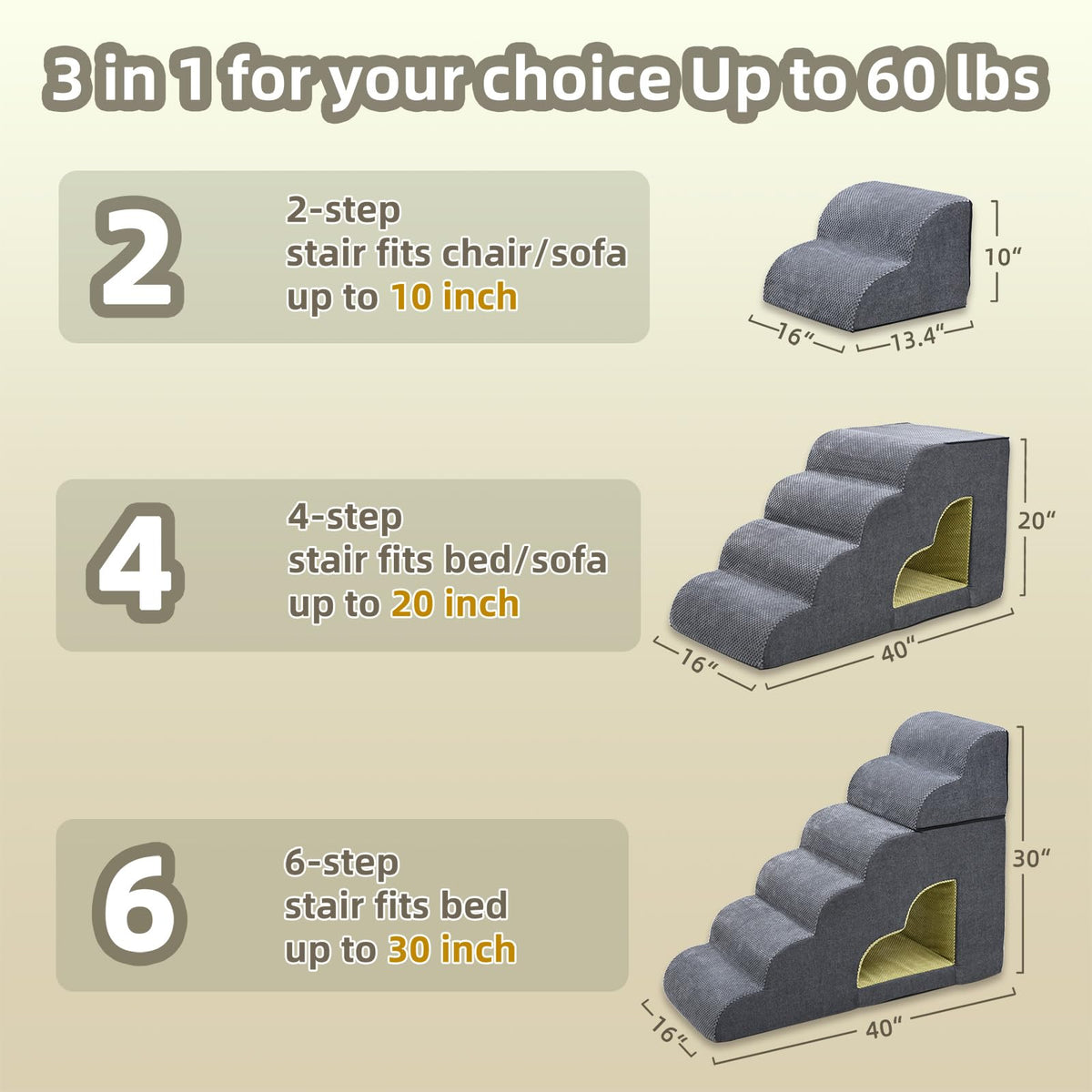 6 Step Non-Slip Grey Dog Stairs J1191