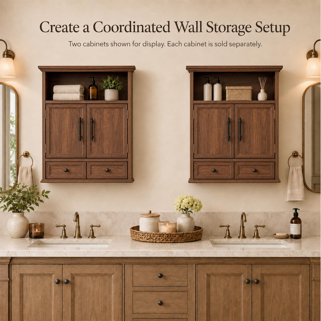24" Wall Mounted Bathroom Storage Cabinet with Adjustable Shelf, Open Shelf, Double Doors and Drawer, Walnut V45325