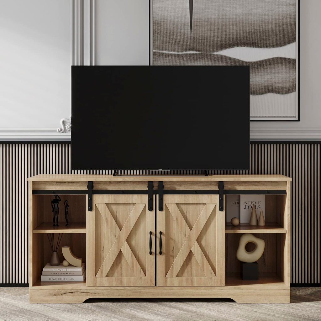 Farmhouse Wood TV Stand with Sliding Barn Door and Storage Cabinet J110489